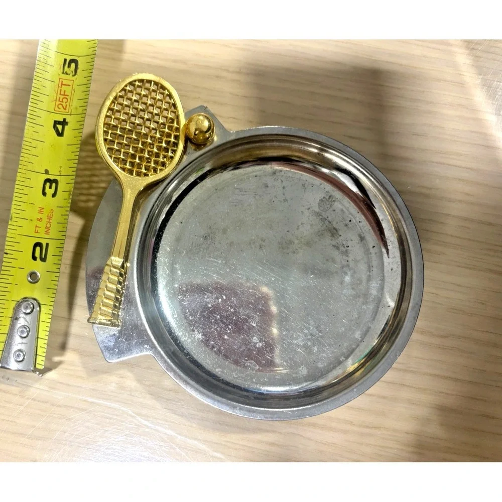 Vintage Metal Ashtray w/ Gold Tennis Racquet Trinket Tray